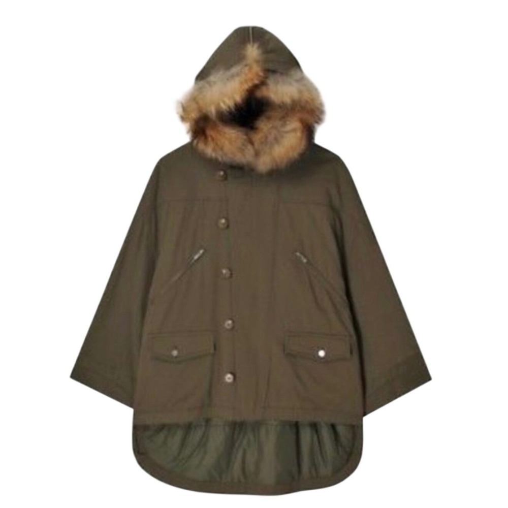 The‎ Kooples Sport Fur Hood Parka Poncho Olive Green Cotton Blend Women's Medium